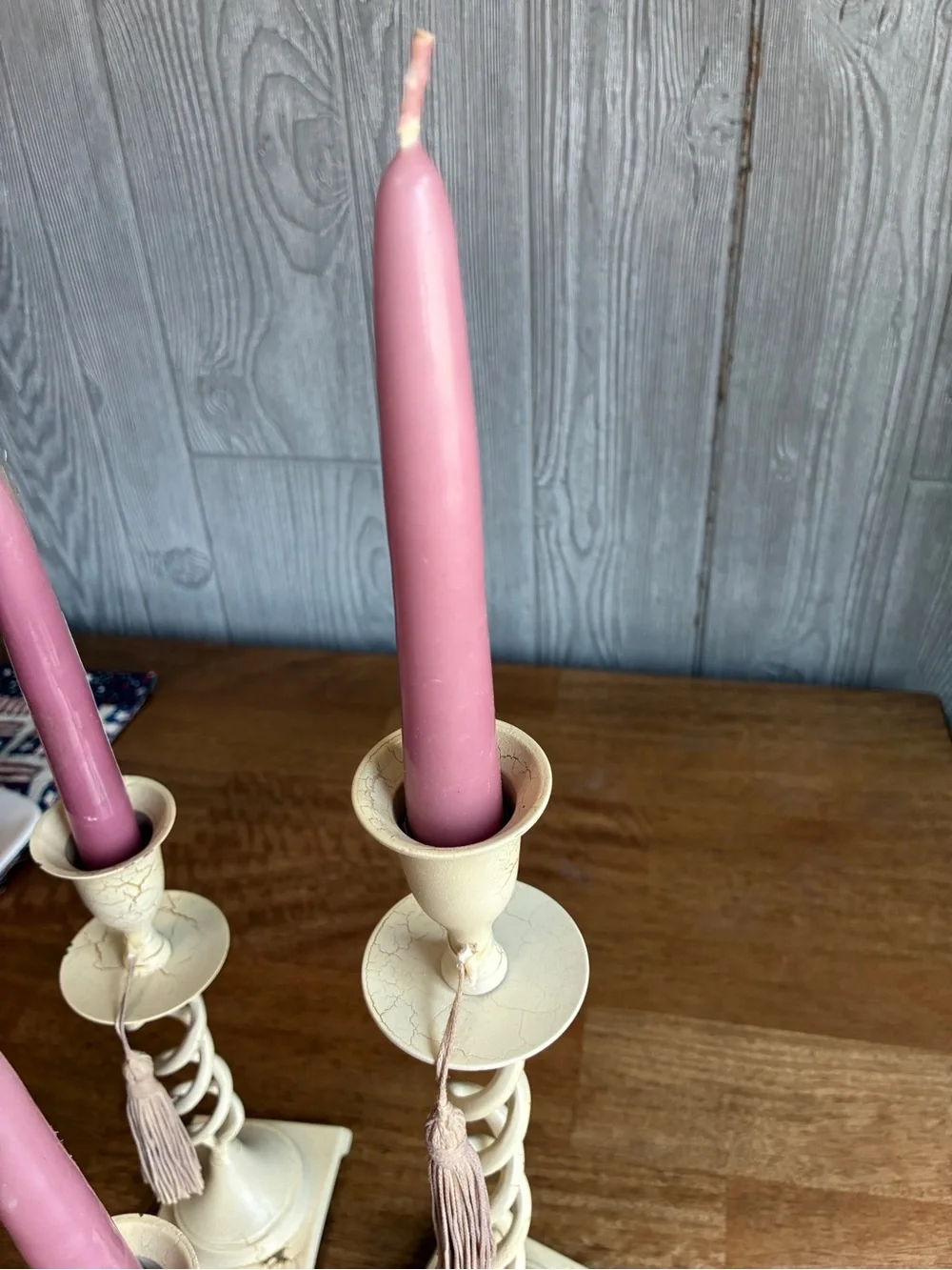 3 Pink Taper Candles in Cream Spiral Candle Holders - Brand Unspecified